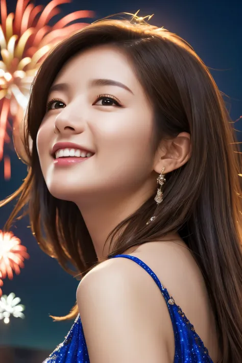 A girl looking up at the fireworks at a fireworks festival、Cute face、Well-balanced proportionedium build、Wearing a dress、, brown hair, floating hair, shiny hair, seductive smile, long hair, straight hair, expressive hair, Surrealism, cinematic lighting, ta...
