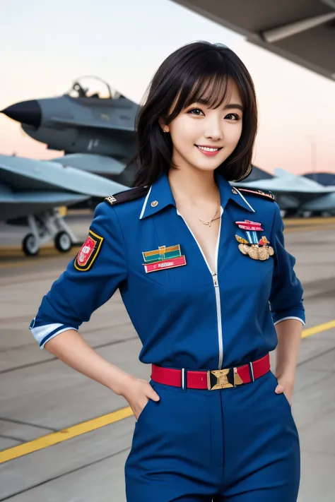 female pilots in fighter jets、beauty、age 25、wearing an air force uniform、walking on the runway at the airport、, black hair, stra...