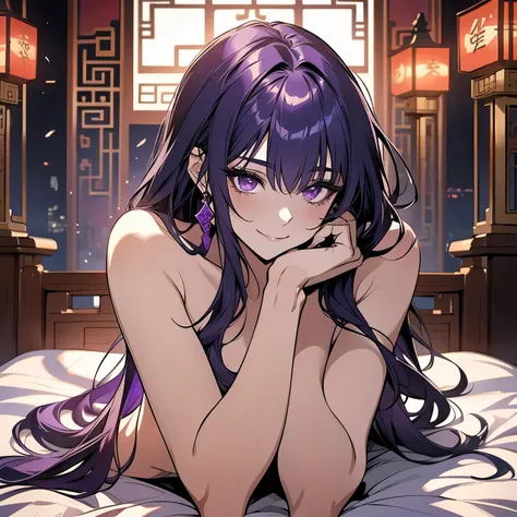 1 women, Raiden Shogun - genshin impact, long purple hair, violet eyes, lying on the bed in chinese room, nudity, nude, sexy, full body, smile, pervert, night