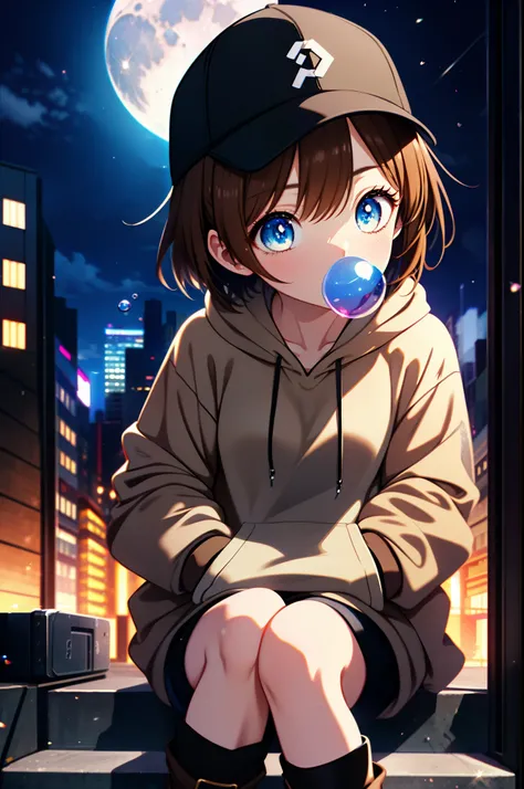 Mycotrose, Brown eyes,Brown Hair,short hair,Small breasts,Oversized black hoodie,Baseball hats,Shorts,boots,Both hands are in the pockets of the hoodie,Blowing bubble gum,Sitting on the stairs,night,moonlight,whole bodyがイラストに入るように,　　　　　　　　　　　　　　　　　 　　　brea...