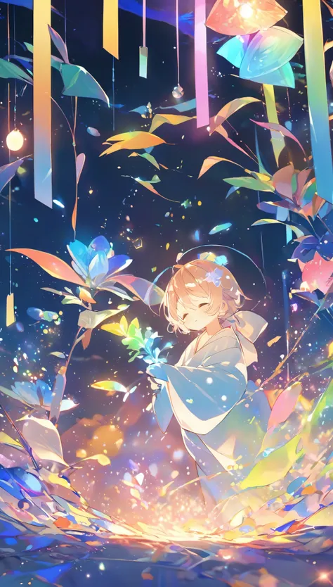 little boy、looking at a large flower、tanabata、strip、bamboo leaves、stripに願いをこめて、yukata,fluid,particles of light, dream-like,spark...