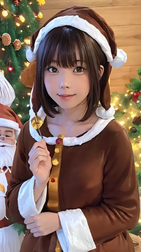 Purelos Face_v1, Highest quality, Realistic, 8K, High resolution, Full Color, One girl, woman, 20 years old woman, (Mouth closed:1.33), (Portraiture:0.6), wood, Dawn, ((Indoor background:1.52)), Full Color, ((Brown Santa costume:1.88)), View your viewers:1...