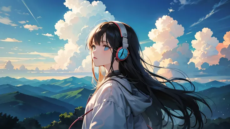 Absurd, High resolution, (Official Art, beautifully、aesthetic:1.2), Bright Sky, A vast world, girl, Wear headphones, stare, Awe-inspiring expressions, Distant Horizon, cloud, High Hill, Natural Beauty, Inspiration, Light effects,