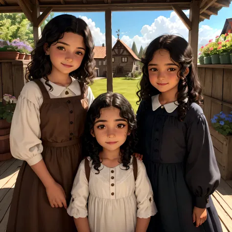 boy: daniela, about 7 years old, Langes Haar im Disney-Stil, Brown eyes and smile. Girl: Rafaela, 10yo, Medium black hair and curly dark eyes Scenery: Rfafela und daniela sind in einem gemütlichen kleinen Haus im Tal, in the background a sunny day, Highlig...