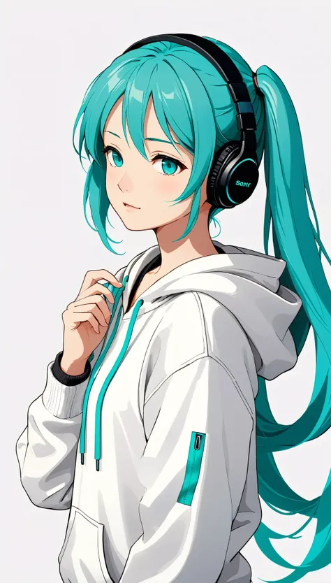 Headphones、Sony、Hatsune Miku、Close ~ eyes、White hoodie、Upper Body、Simple Background、Girl、
