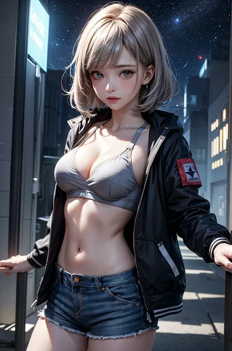 (masterpiece:1.5, Highest quality, Very detailed、 Dutch Angle、Realistic、2.5D、Realistic)(One Girl, Sports Girl, cutegirl)(Grey Hair:1.6,,short hair)(Sports Bra、Jacket:1.5、Shorts、肩にJacketをかける)、((medium breasts, Beautiful cleavage,underboob))(from backside),(...