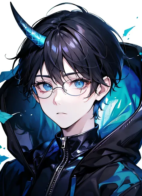  a boy with black hair and blue eyes. 2 Dragon horn blue on head, eyeglass, looking at viewers, messy hair. staring blankly. wearing a black hoodie.