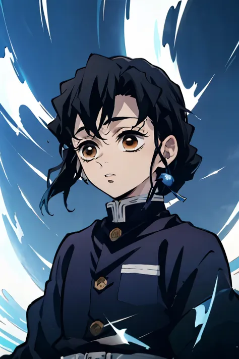 kizi, brown eyes, blue and black hair, wearing blue haori. demon slayer style