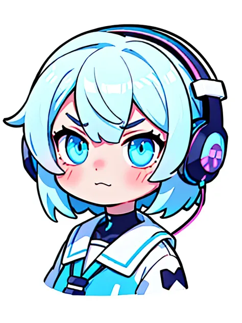 Neon blue detailed anime eyes, kawaii gaming headset, white neon hair, short hair, angry, detailed eyes, beautiful, gloomy atmosphere, white background , face focused white shirt,happy emotions, kawaicute , hand drawn