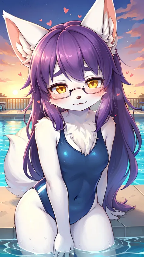 best quality,best resolution,(fluffy anthro furry :1.6),(young :1.8),fox girl,flat chest,purple hair,long hair,wavy hair,yellow eyes,glistering eyes,sparkle eyes,(white fur :1.6),(dark blue one piece swimsuit),glasses,(orange and pink sky),evening,beautifu...