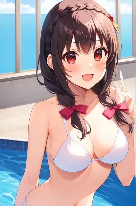 alone, One girl、Crown braids in the same color as your hair, hair ornaments, Hair Ribbon, (White and pink bikini),Red Eyes、Black Hair、(A happy smile:1.2)、(blush:1.2)、C cup breasts、Pool、Get excited、Splash