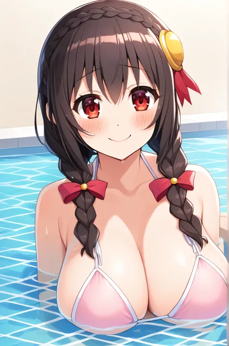 alone, One girl、Crown braids in the same color as your hair, hair ornaments, Hair Ribbon, (White and pink bikini),Red Eyes、Black Hair、(A happy smile:1.2)、(blush:1.2)、C cup breasts、(In the pool water)