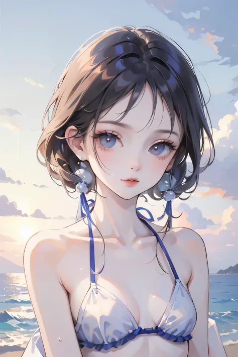 ((masterpiece)), ((best quality)), ((high resolution)), ((Fine details)),1 Girl, Among_E7, Small Breasts, swimsuit, Practical, beach, wet, ocean, Umbilical cord, Sky, clavicle