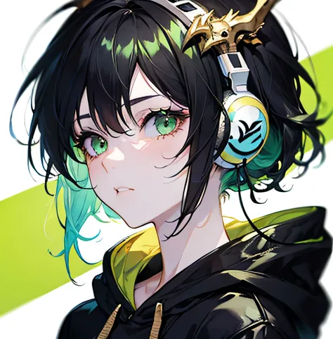 a girl with black hair and green eyes. Cute, messy hair. staring blankly. Dragon horn headphone on head, wearing a black hoodie. (Close-up:1.1) 