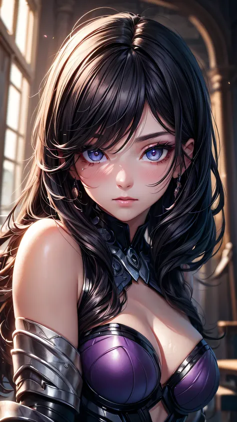 (8K, RAW Photos, Highest quality, masterpiece: 1.2), (Very delicate and beautiful face), (Beautiful eyes in every detail),Upper Body,A woman with wavy black hair and purple eyes, Black alien armor, blush,eye shadow, Cute face