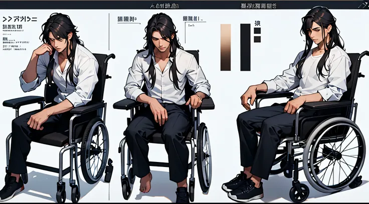 Character design sheet、boy、White shirt、Long hair to the shoulders、Sitting in a wheelchair、Weak body、Detailed face