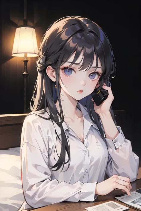 masterpiece, best quality, 1 girl, Solitary, Influence, Dark background, In the room at night，A girl answering the phone on the bed，Serious expression