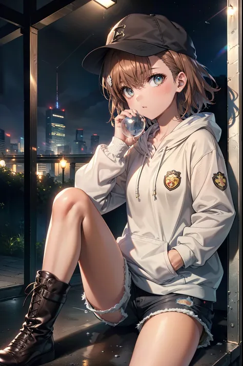 Mycotrose, Brown eyes,Brown Hair,short hair,Small breasts,Oversized black hoodie,Baseball hats,Shorts,boots,Both hands are in the pockets of the hoodie,Blowing bubble gum,Sitting on the stairs,night,moonlight,whole bodyがイラストに入るように,　　　　　　　　　　　　　　　　　 　　　brea...