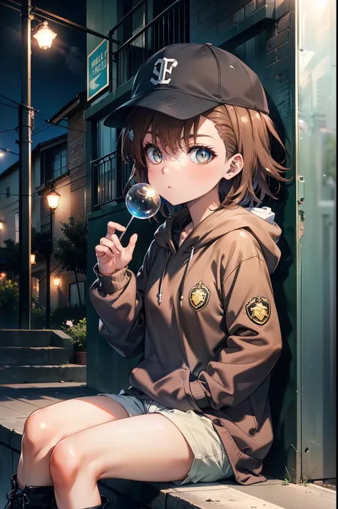 Mycotrose, Brown eyes,Brown Hair,short hair,Small breasts,Oversized black hoodie,Baseball hats,Shorts,boots,Both hands are in the pockets of the hoodie,Blowing bubble gum,Sitting on the stairs,night,moonlight,whole bodyがイラストに入るように,　　　　　　　　　　　　　　　　　 　　　brea...