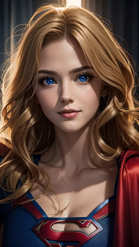 The character Supergirl, perfect blue and red costume with the traditional "S" in the chest, shiny little blue eyes, extremely beautiful blond hair, beautiful smile , perfect anatomy and extremely beautiful face, hyperrealistic face 