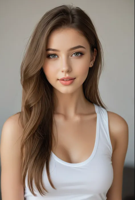 arafed woman with long brown hair wearing a white tank top, beautiful young woman, beautiful female model, portrait sophie mudd,...