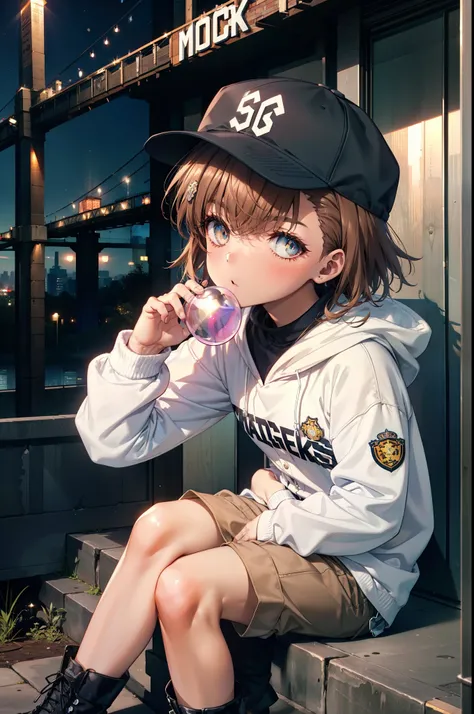 Mycotrose, Brown eyes,Brown Hair,short hair,Small breasts,Oversized black hoodie,Baseball hats,Shorts,boots,Both hands are in the pockets of the hoodie,Blowing bubble gum,Sitting on the stairs,night,moonlight,whole bodyがイラストに入るように,　　　　　　　　　　　　　　　　　 　　　brea...