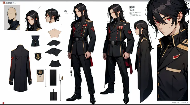 Character design sheet、boy、Smart black military uniform、Long hair to the shoulders、Detailed face、Red Eyes