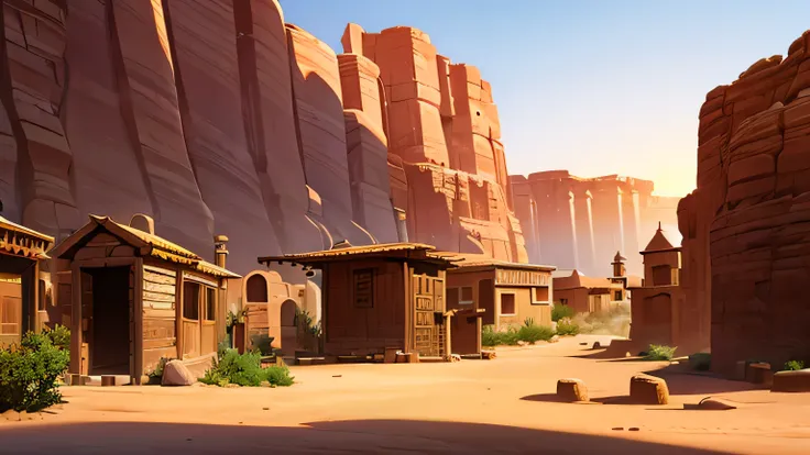 a sandstone village in the desert, detailed sandstone architecture, narrow winding streets, small adobe houses, scorching desert...