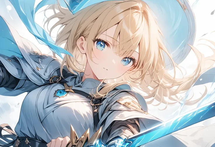 ((Detailed facial depiction)),(anime style:1.4),超High resolution, Attention to detail, high quality, High resolution, 最high quality, 4K, 8K,posters、artwork、female knight、White armor with blue lines、((blondes))、Aquamarine Eyes、Swing the one-handed sword in ...