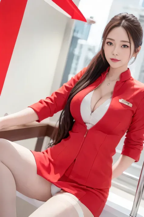 (masterpiece:1.2, Highest quality:1.2), 32k HDR, High resolution, (alone, 1 Girl), （AirAsia stewardess uniform realistic style）, A proper woman, Beautiful Face, Brown Hair,Thin legs、 (Long hair down to the legs), (Red jacket:1.1, Unzipped jacket, Unbuttone...