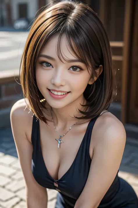 ((One ultimate beauty)), mature, Beautiful Face, Detailed lips, Beautiful eyes in every detail, double eyelid, Long eyelashes、grin, ((Beautiful teeth alignment)), Captivating Gaze、Captivating smile, Very short brunette bob、eyelash、Elegant eyeshadow、Seducti...