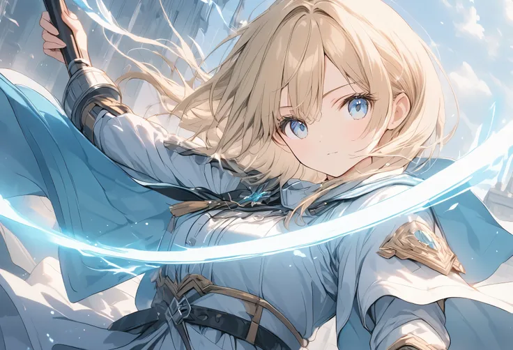 ((Detailed facial depiction)),(anime style:1.4),超High resolution, Attention to detail, high quality, High resolution, 最high quality, 4K, 8K,posters、artwork、female knight、White armor with blue lines、((blondes))、Aquamarine Eyes、Swing the one-handed sword in ...