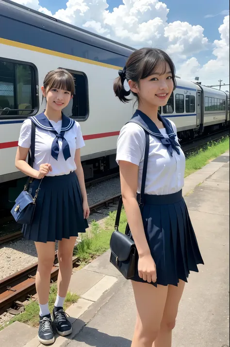 girls in rural railway station,Japanese diesel train on far side,cumulonimbus cloud in summer sky,short-sleeved white shirt with sailor collar,navy blue pleated skirt,school bag,18-year-old,bangs,a little smile,thighs,knees,short hair with low pigtails bun...