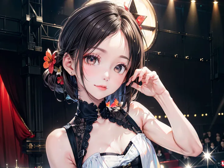 ((Best of the highest quality, 8k, Masterpiece, raw photo: 1.1)), (Sharp focus: 1.1), (1 AESPA, slim body type female, 22 y/o: 1.1), solo, Portrait Waist Up, (realistic, photo-realistic:1.37), face focus, cute face, finely eyes, (forehead, short bob hair, ...