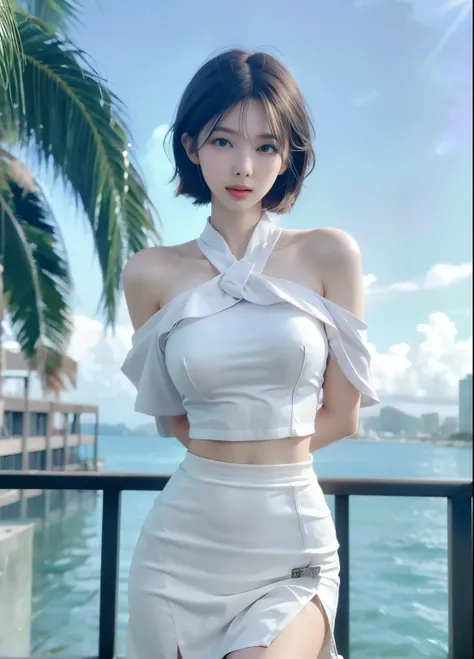Beautiful woman with perfect body:1.4,ultra high resolution,Put your hands behind your back,sea background,(realism:1.4),aspect,layered hairstyle,White skin,JK:1.5,Super short pleated skirt,whole body:1.4,Very delicate and textured skin,double eyelid,skin ...