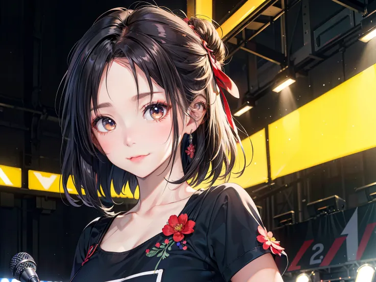 ((Best of the highest quality, 8k, Masterpiece, raw photo: 1.1)), (Sharp focus: 1.1), (1 AESPA, slim body type female, 22 y/o: 1.1), solo, Portrait Waist Up, (realistic, photo-realistic:1.37), face focus, cute face, finely eyes, (forehead, short hair, updo...