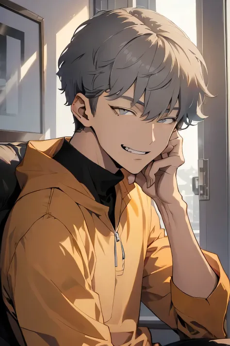 1 guy, (sly smile), short hair, jellyfish hairstyle, (gray hair), (golden eyes, amber eyes, Brown eyes), small fangs, portrait, (detailed face, Detailed eyes), shirt, mantle, mystery, (the villain), Sits and looks at the viewer 