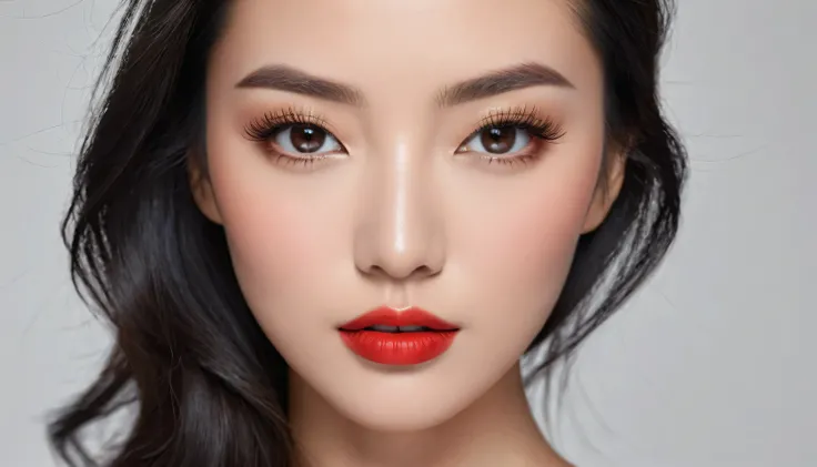 there is a woman with long black hair and a red lipstick, red lipstick on face, womans face looking off camera, bright red lipstick, an asian woman, detailed face of a asian girl, detailed face with red lips, portrait of mulan, asian face, light-red lips, ...