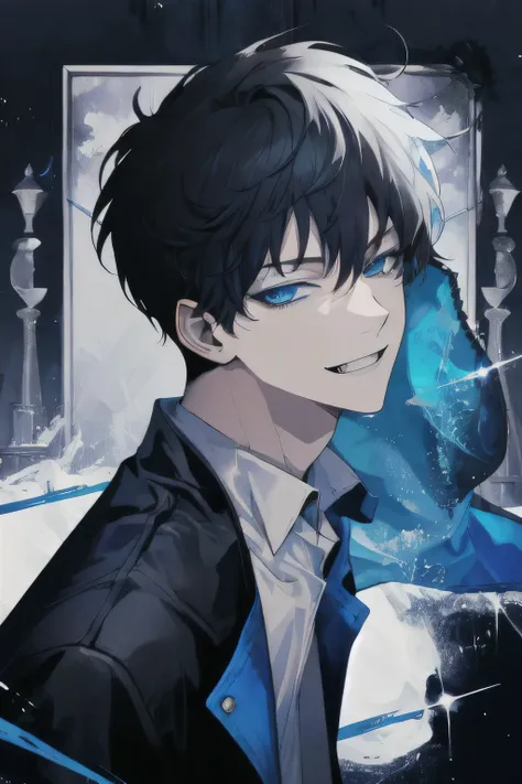 1 guy, (sly smile), short hair, (black hair), (Blue eyes), small fangs, portrait, (detailed face, Detailed eyes), shirt, mantle, mystery, (the villain), Sits and looks at the viewer