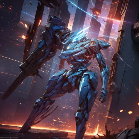 (Obra de arte, melhor qualidade:1.5).Mech branco e azul com detalhes dourados, médio, segurando uma sniper azul grande. Extremely detaild, 8K, HDR, naturallight, cinematic lighting, masterpiece-anatomy-perfect, Ultra HD, (Space Combat:1.5, Battlefield:1.5)...