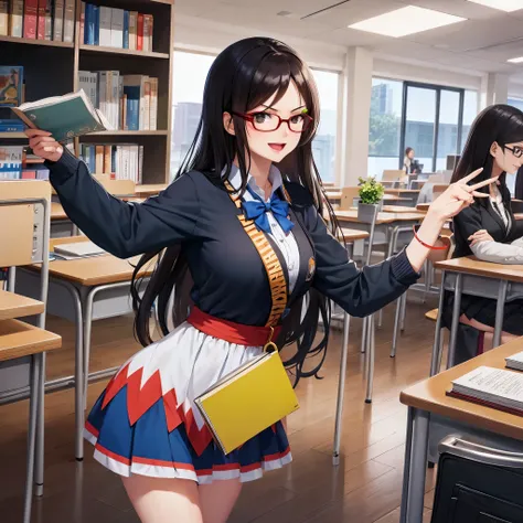 your influencer character(milf) with long, dark hair dancing on a university classroom, study table is full of books and notes ....