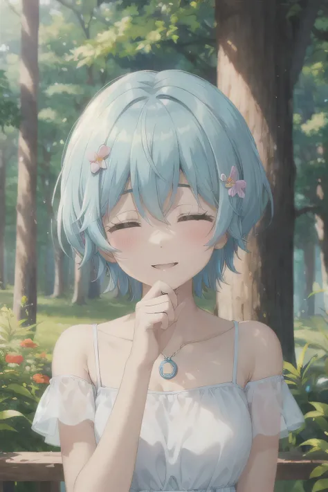 Sunlight，Blue Hair，White Dress，short hair，Flower season girl，Close your eyes and laugh，forest，covering mouth