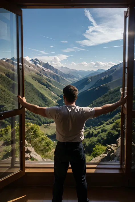 In the foreground, in front of an open window, a man stands with his back with his arms outstretched to the sides.. A beautiful mountain landscape is visible from the window