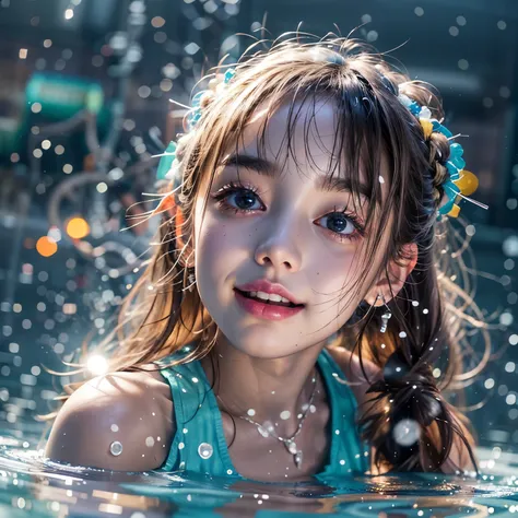 (8K TopQuality masterpiece: 1.2)(Realistic ProfessionalPhoto:1.37), VolumetricLighting. Tiny Girls, girl jumping into the water、Falling、splash water、shout、Luminous water surface、White and Bright colors, back lighting, Radiant PearlSkin, sparkling highlight...