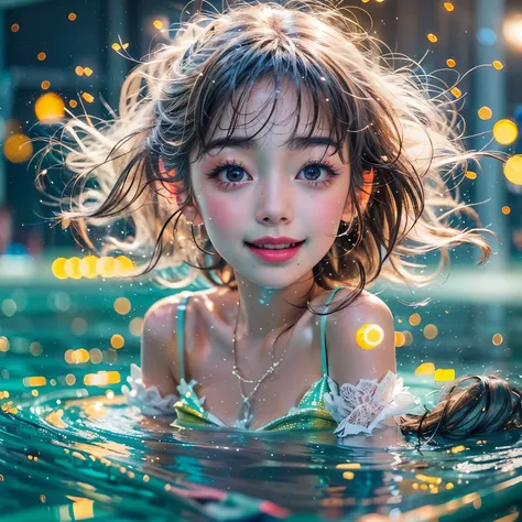 (8K TopQuality masterpiece: 1.2)(Realistic ProfessionalPhoto:1.37), VolumetricLighting. Tiny Girls, girl jumping into the water、Falling、splash water、shout、Luminous water surface、White and Bright colors, back lighting, Radiant PearlSkin, sparkling highlight...