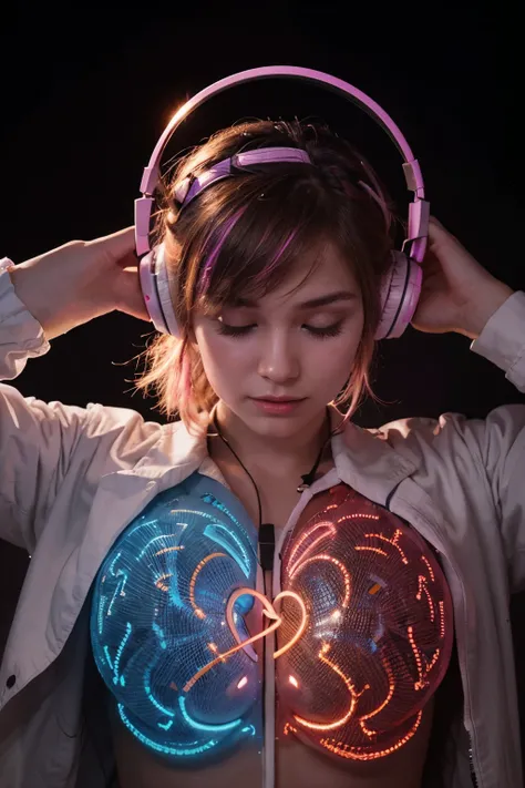 "Create an image where a headphone is connected to a heart and a brain, showing a link between music, emotion and thought. The heart must be beating with vibrant lights, while the brain displays colorful brain waves."