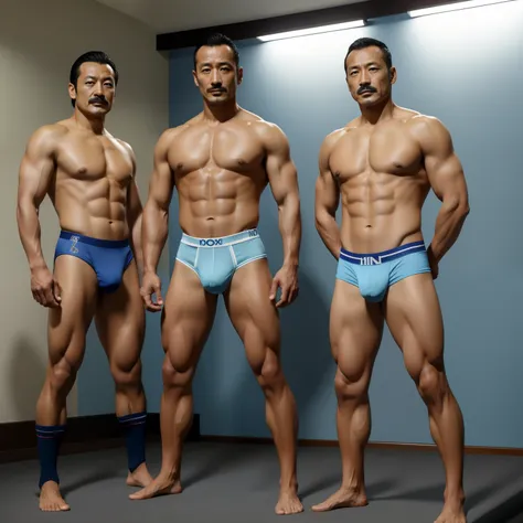 40 years old，Hidetoshi Nakata ，（Kogoro Mori 1.3），Two muscular men standing，whole body，foot，Black socks，Densely hairy，Crotch contour，Wear light blue sexy briefs，With a mustache，masterpiece，HD