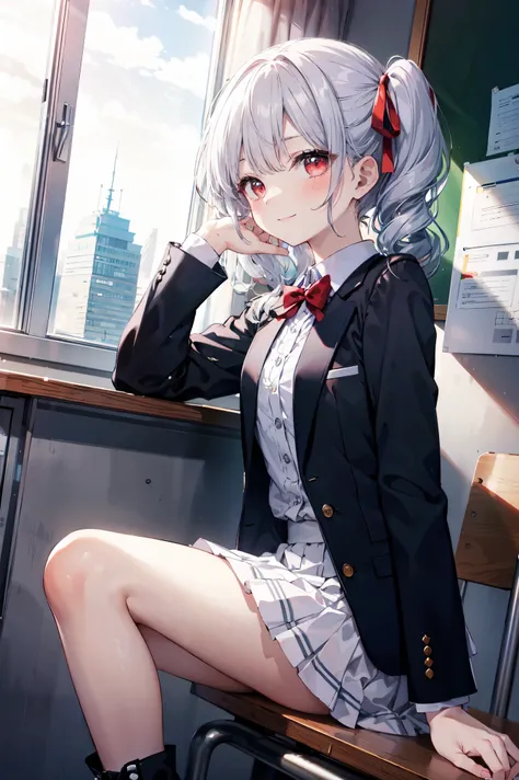 (masterpiece), (Highest quality), (figure), (Beautiful details), (High resolution), One girl, alone, View your viewers,
Sitting, Sitting on desk, From the side, put your hand on your face, 
Day没, Day, School,
(Tuxedo), Long Hair, Red eyes, (Gray Hair), Low...