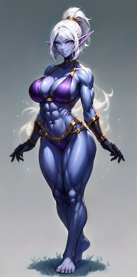 ((plain background:1.2, 1sologirl)) full body standing barefoot hands on waist navel, very purple skin, drow, elf, Madura, Detailed happy face, purple eyes, white hair bob style, gold bikini, well defined six pack abs, Large knockers, golden gloves