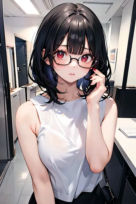 18 year old girl, short black hair, Red eyes, office glasses, with a very surprised face, He wears a white t-shirt without logos, sleeveless and tight short black pants. (greet kindly)(the environment is an office)